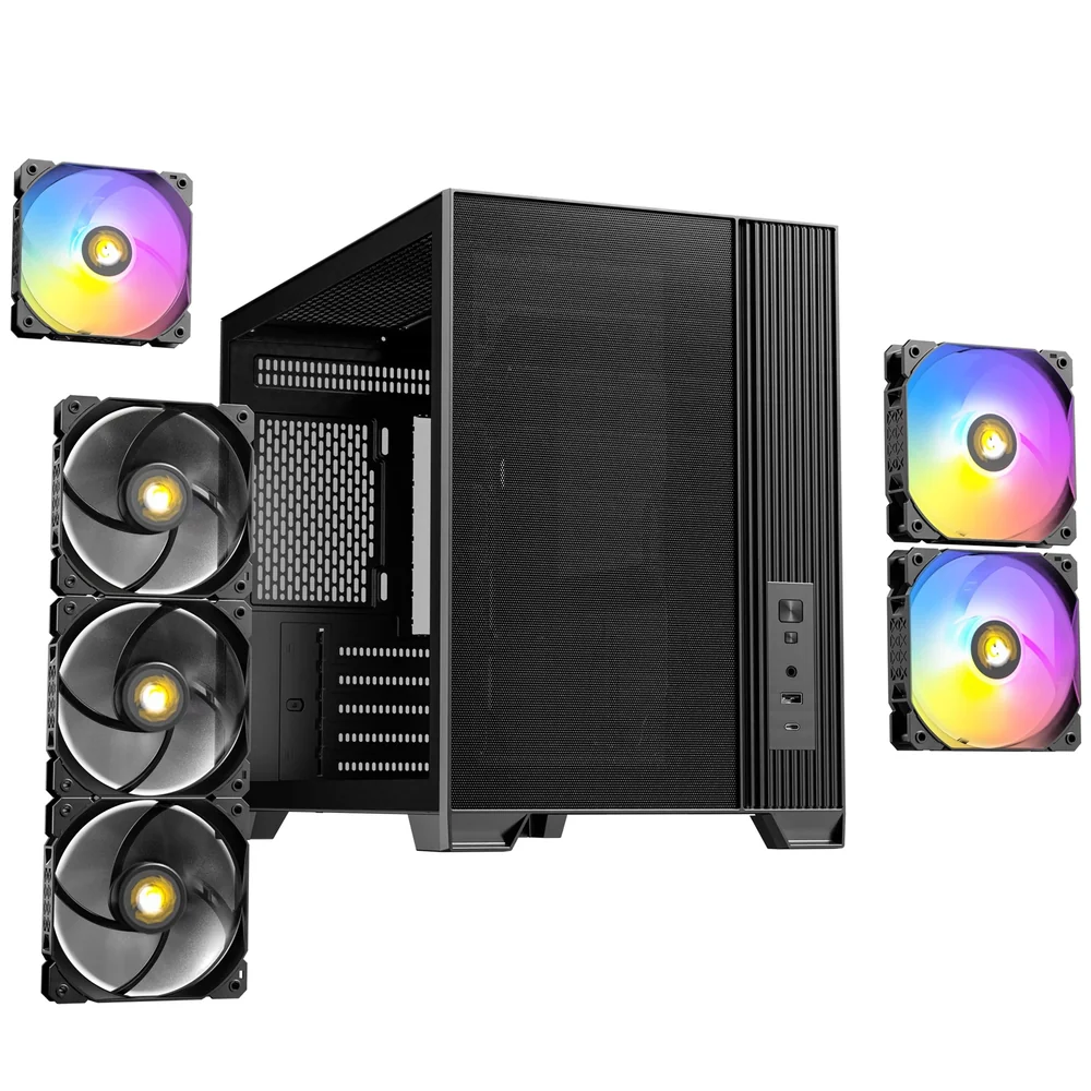 Antec FLUX M Mini Tower Gaming Case, 1 x USB Type-C / 1 x USB 3.0, Tempered Glass Side Window Panel, Vertical Airflow Design, 3 x Pre-Installed RGB LED Fans &amp;amp; 3 PWM Reverse Fans, Micro-ATX, IT