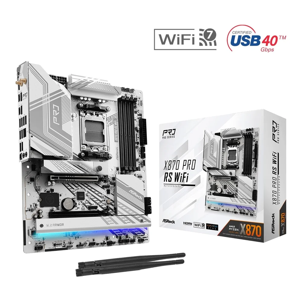 ASRock X870 PRO RS WIFI AMD AM5 Socket Motherboard, ATX, 4x DDR5 Slots, 3x M.2 Sockets, Fitted I/O Shield, 2.5GbE LAN, Wi-Fi 7, 1x HDMI Port / 2x USB-C (USB4)