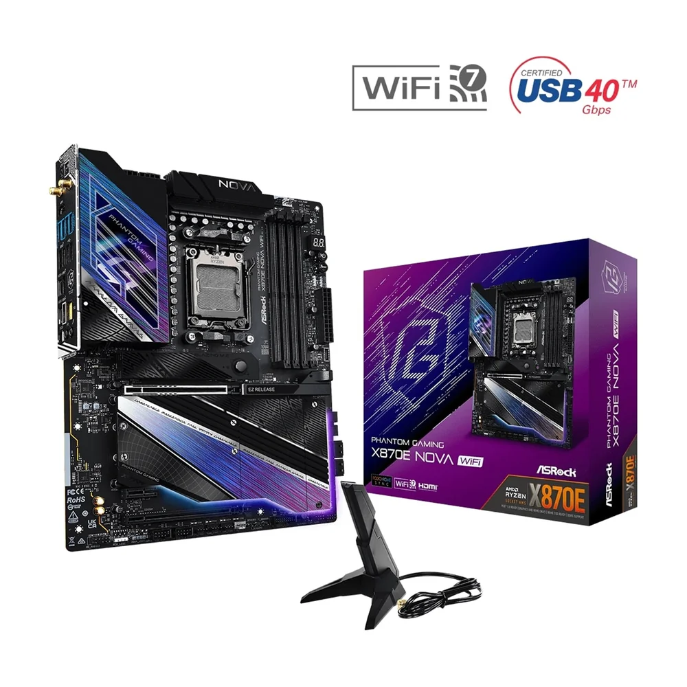 ASRock X870E NOVA WIFI PHANTOM GAMING AMD AM5 Socket Motherboard, ATX, 4x DDR5 Slots, 5x M.2 Sockets, Fitted I/O Shield, 5GbE LAN, Wi-Fi 7, 1x HDMI Port / 2x USB-C (USB4)