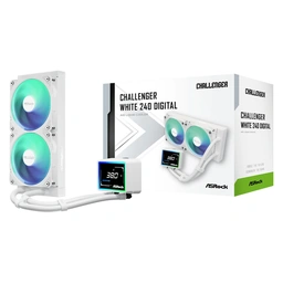 ASRock Challenger 240 Digital AIO Liquid CPU Cooler, 240mm Radiator,White, Dual 120mm PWM ARGB Fans, 3&amp;quot; Digital Display, Intel LGA1700/1851 &amp;amp; AMD AM5/AM4 Compatible