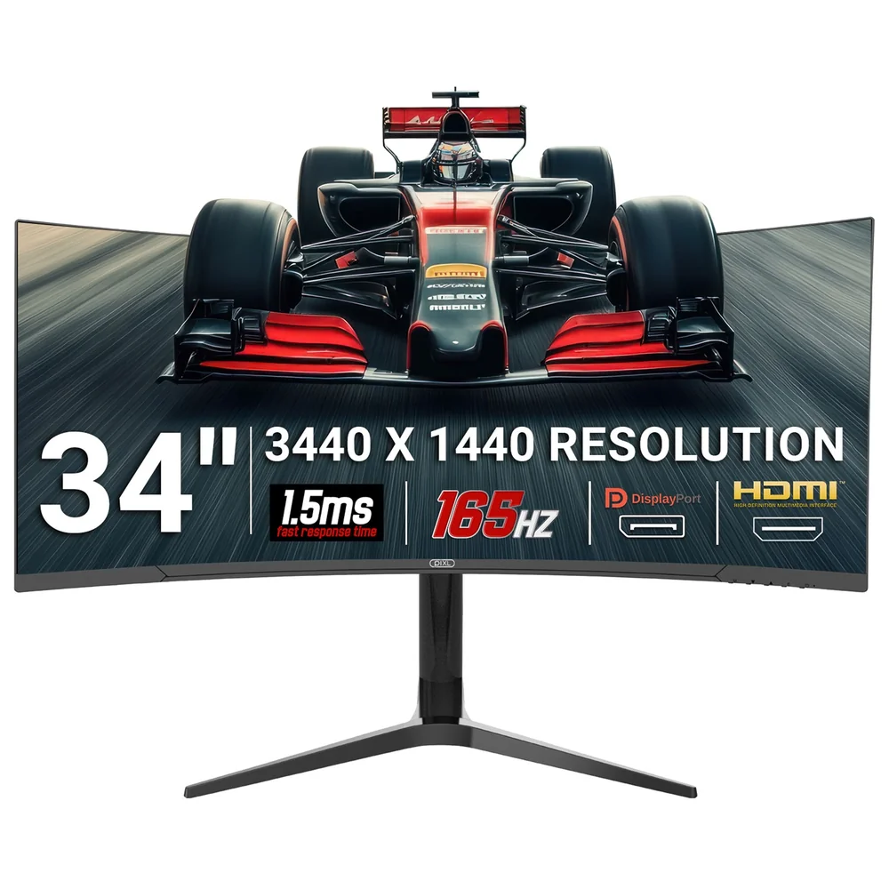 piXL CM34C7 34 Inch 165Hz UWQHD Quad HD Ultrawide Curved Gaming Monitor, with 1.5ms Response Time, 3440 x 1440 Resolution, HDMI, DisplayPort, USB-C, USB-B, USB-A x 2, Audio &amp;amp; Height Adjust