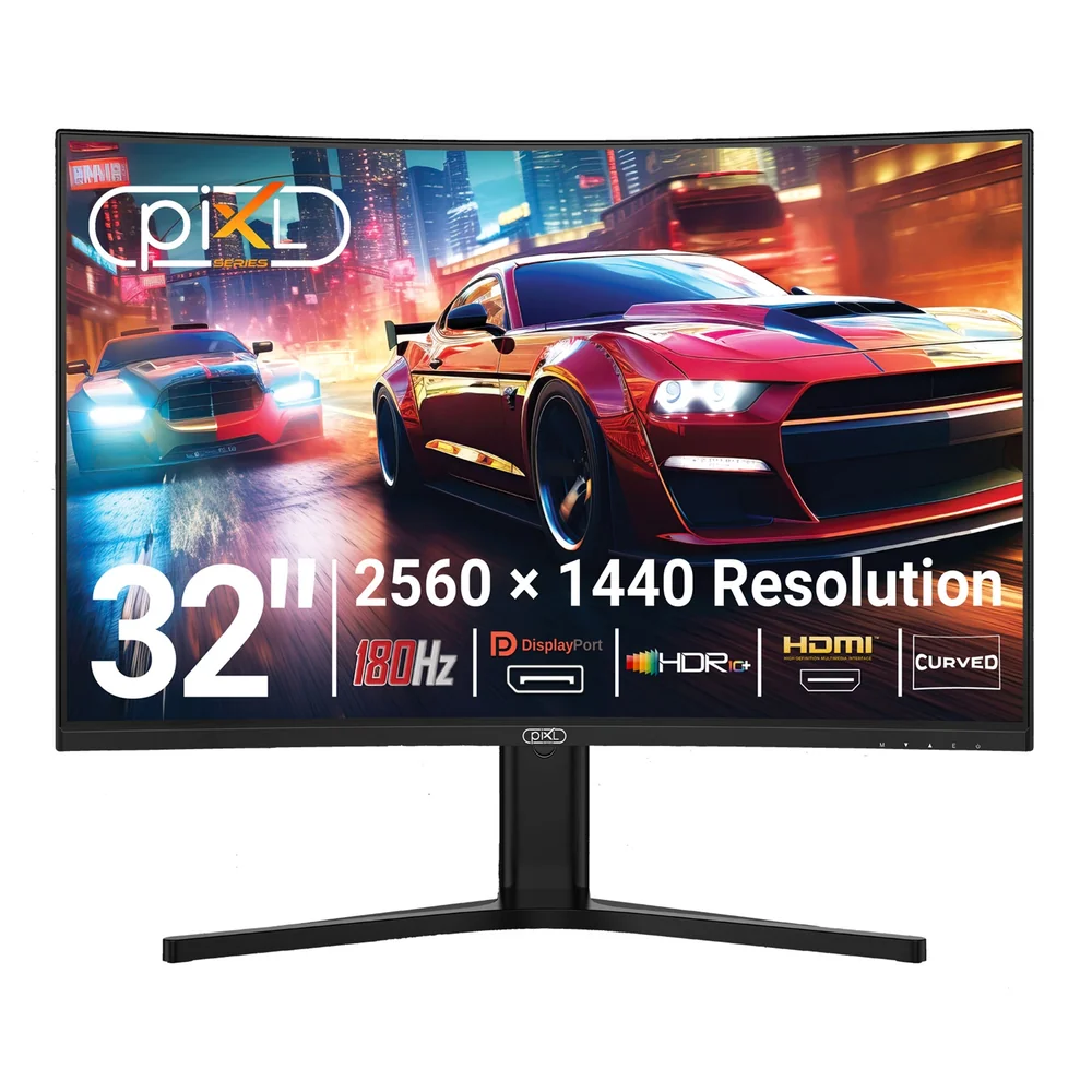piXL X-Series GS32QIDPHA 32 Inch QHD IPS, Curved (1500R) Gaming Monitor with 180Hz Refresh Rate, 2560 x 1440 Resolution, 1ms Response Time, HDR10+, Adaptive Sync, 2x HDMI 2.0 &amp;amp; 2x DisplayPort