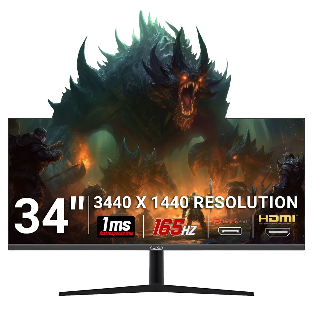 piXL 34-inch UWQHD UltraWide 165Hz Gaming Monitor with 100% sRGB Colour Gamut, Quad HD 3440 x 1440 IPS Panel &amp;amp; 1ms Response Time, 3 Year Warranty &amp;amp; Speakers