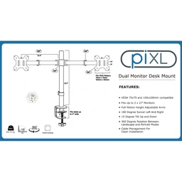 piXL Desk-Mounted Fully-Adjustable Dual Monitor Arm for Screens Up To 27 inch with VESA Mount &amp;amp; Built-In Cable Management — image 3
