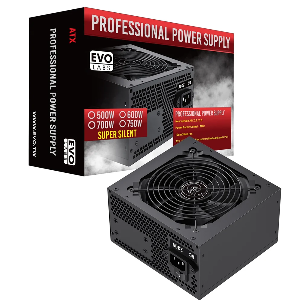 EVO LABS BR600-12BL 600W PSU,120mm Black Silent Fan with Improved Ventilation, Non Modular, High-Efficiency, PFC Certified, CE Compliant, Retail Packaged