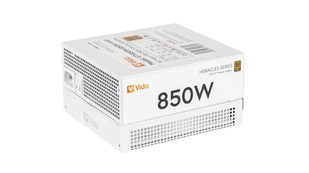 Vida 850W Heracles White ATX 3.1 Gaming PSU, 80+ Bronze, 140mm Ultra-Quiet FDM Fan, Flat White Cables, PCIe 5.1, Power Lead Not Included